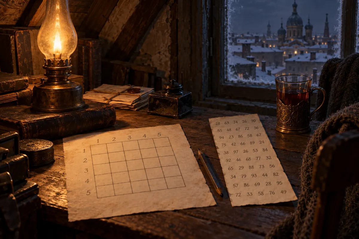 插画：19 世纪 80 年代圣彼得堡阁楼里，油灯下的桌上放着手绘的 5×5 方格和写满两位数密文的纸条