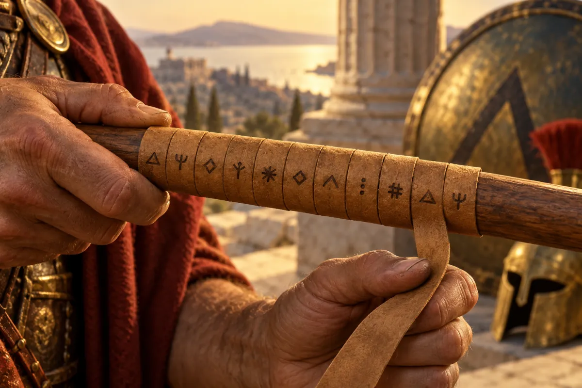 Illustration of hands winding a leather strip around a wooden scytale rod, with a Spartan shield and Greek columns behind